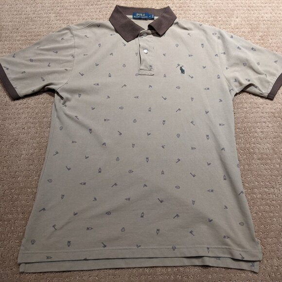 Polo Ralph Lauren Men's Large (Medium) Polo Shirt Brown Hunting Camping AOP - Picture 1 of 8
